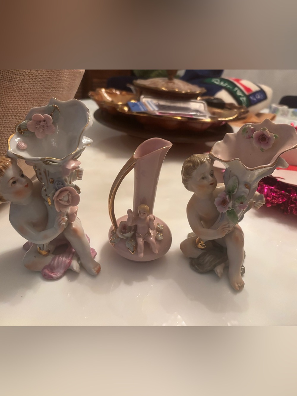 Pink Porcelain Cherub Bud Vase with Gold Trim